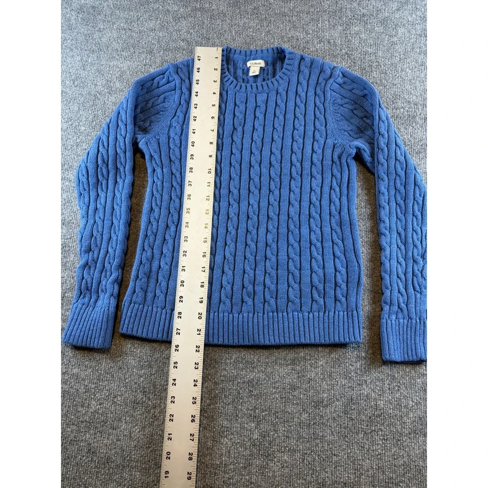 LL Bean Womens Blue Cable Knit Crewneck Sweater Size Small Regular Cotton